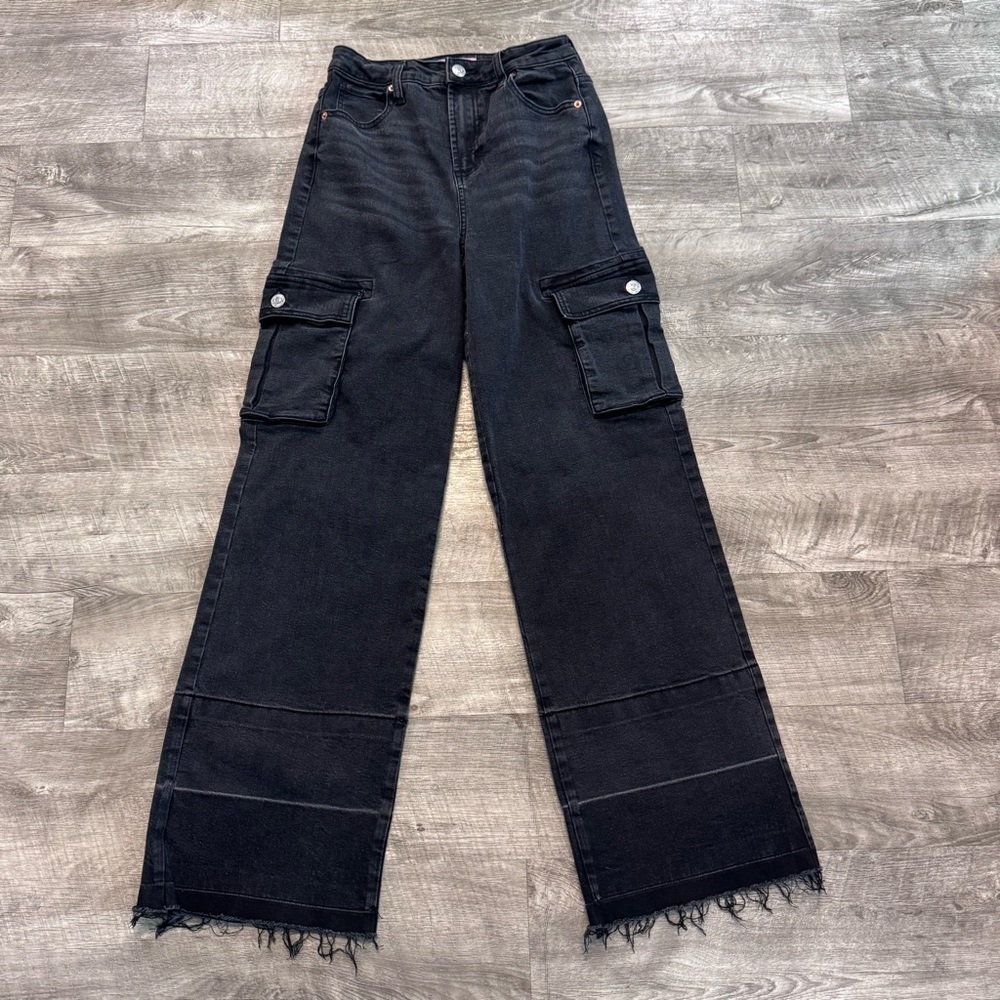 Juicy Couture Cargo Jeans Wide Leg Raw Hem Faded Black Spellout Y2K Womens 3/26